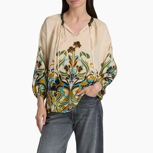 Johnny Was Beige w/ Black Flowers, Green and Mustard print Silk Blouse. S. NWT